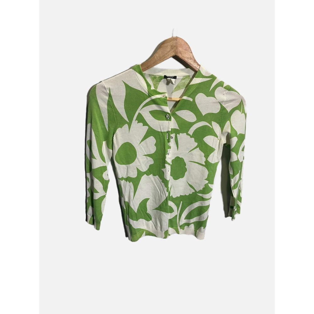 J.Crew Cardigan Sweater Womens XS Green Floral Cotton Knit Preppy 3/4 Sleeve